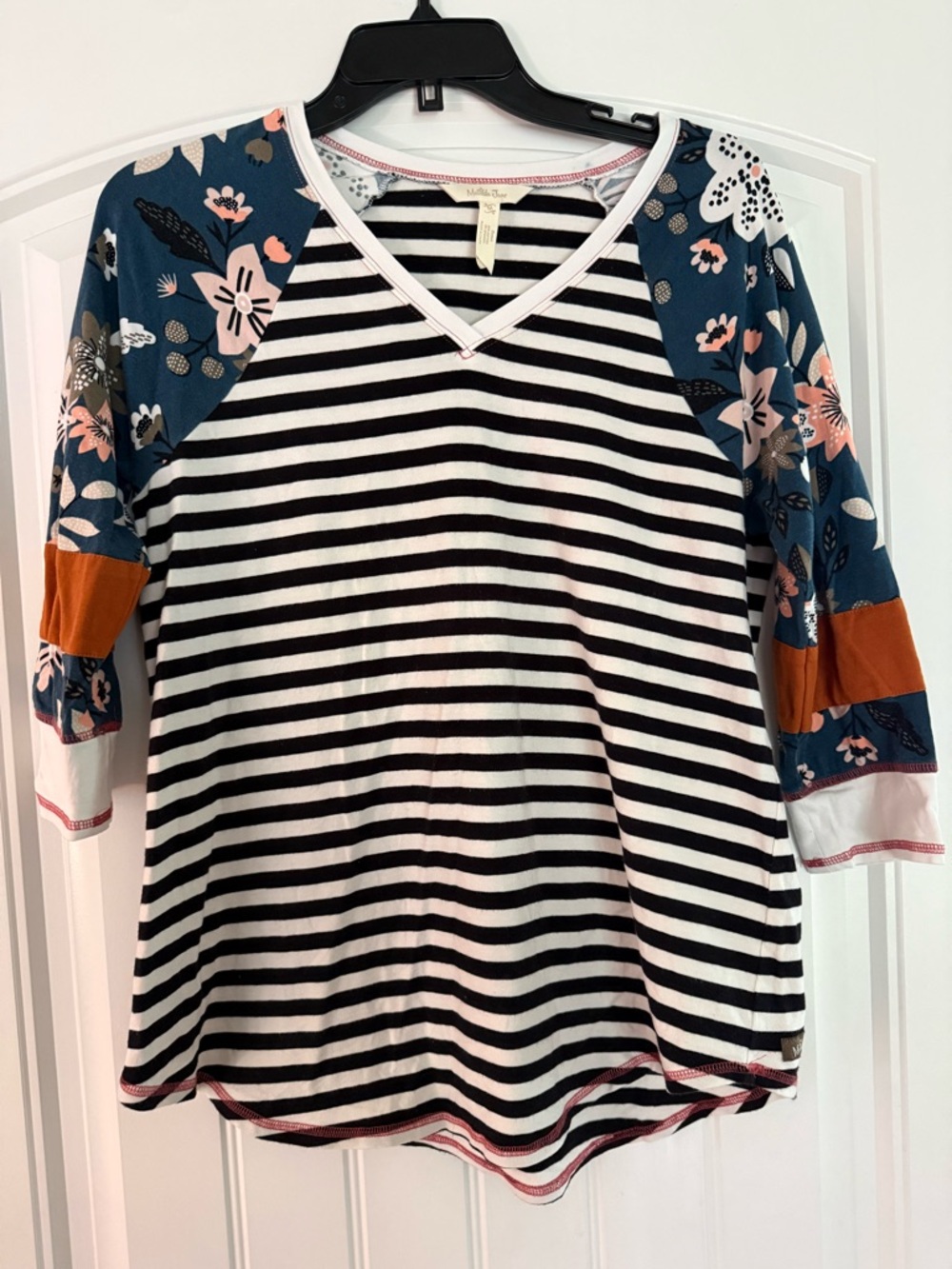 Matilda Jane Striped V-Neck Raglan Top with Floral Sleeves - Black & White